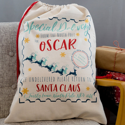 Multi-Coloured Christmas Decorative Gift Sack - Personalised With Name - Kids Teens Or Adults Santa Sack