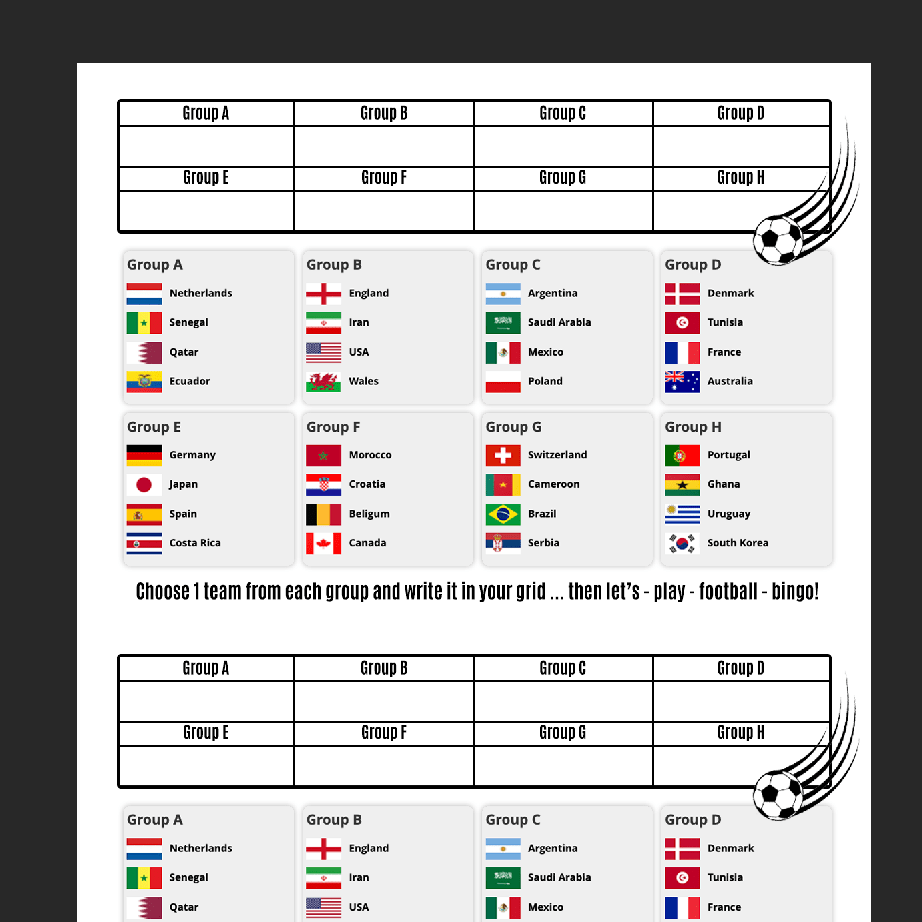 FREE! World Cup Bingo Group Teams Download